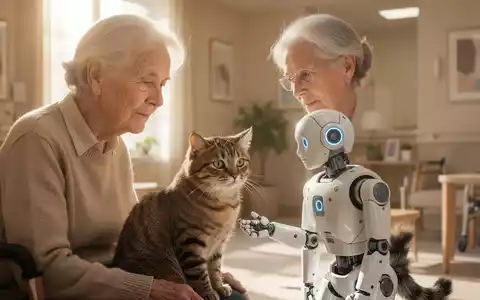 Eine ältere Person interagiert in einem hellen, freundlichen Pflegezimmer mit einer realistischen Roboterkatze. - Foto: über boerse-global.de
