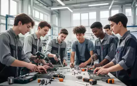 Junge Menschen in einer modernen Ausbildungswerkstatt bei einer gemeinsamen beruflichen Tätigkeit. - Foto: über boerse-global.de