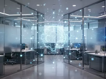 Modernes Bankbüro-Interieur mit digitalem KI-Netzwerk-Overlay, das die Integration von Technologie im Finanzwesen darstellt. - Foto: über boerse-global.de