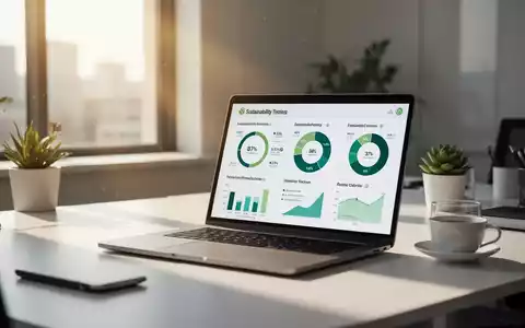 Ein moderner Büroarbeitsplatz mit einem Laptop, auf dem Datenvisualisierungen zur Nachhaltigkeitsberichterstattung zu sehen sind. - Foto: über boerse-global.de