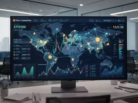 Ein digitales Finanz-Dashboard, das globale Blockchain-Transaktionsströme und grenzüberschreitende Zahlungsinfrastruktur darstellt. - Foto: über boerse-global.de