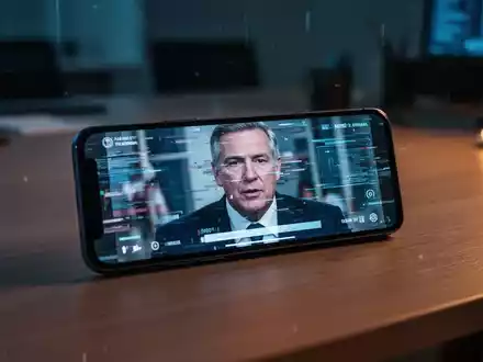 Ein Smartphone auf einem Schreibtisch zeigt ein manipuliertes Video, das für Online-Anlagebetrug verwendet wird. - Foto: über boerse-global.de