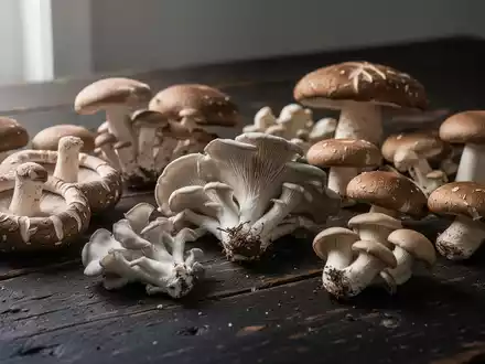 Verschiedene frische Speisepilze wie Shiitake und Austernpilze ästhetisch arrangiert auf einem dunklen Holztisch. - Foto: über boerse-global.de