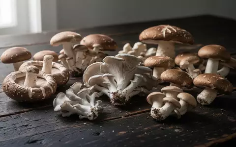 Verschiedene frische Speisepilze wie Shiitake und Austernpilze ästhetisch arrangiert auf einem dunklen Holztisch. - Foto: über boerse-global.de