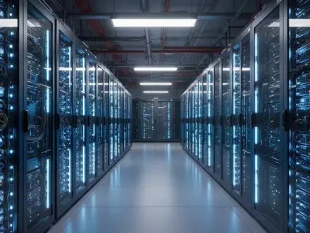Beleuchtete Server-Racks in einem High-Tech-Rechenzentrum, das fortschrittliche KI-Computing-Infrastruktur repräsentiert. - Foto: über boerse-global.de
