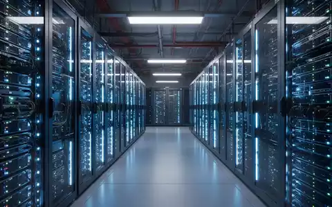 Beleuchtete Server-Racks in einem High-Tech-Rechenzentrum, das fortschrittliche KI-Computing-Infrastruktur repräsentiert. - Foto: über boerse-global.de