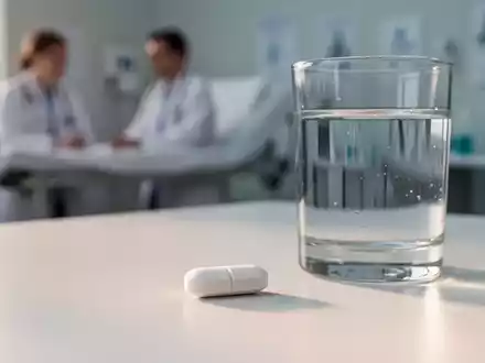 Eine einzelne pharmazeutische Tablette neben einem Glas Wasser auf einer hellen, klinisch sauberen Oberfläche. - Foto: über boerse-global.de