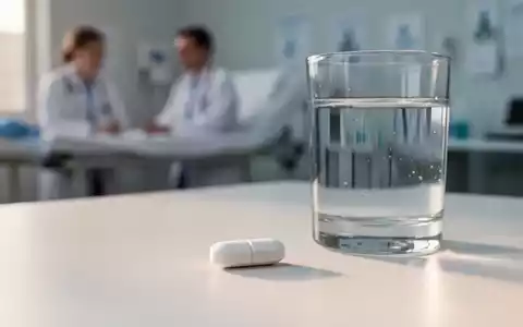 Eine einzelne pharmazeutische Tablette neben einem Glas Wasser auf einer hellen, klinisch sauberen Oberfläche. - Foto: über boerse-global.de