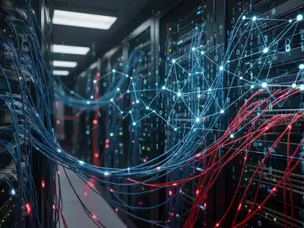 Digitales Konzeptbild eines Serverraums mit leuchtenden Datenkabeln als Symbol für Cyberspionage und Netzwerksicherheit. - Foto: über boerse-global.de