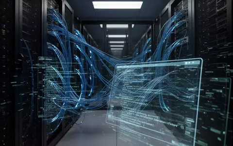 Hochtechnologie-Serverraum mit leuchtend blauen Kabeln und digitalem Glitch-Effekt über Code, der KI-Sicherheitsverletzungen darstellt. - Foto: über boerse-global.de