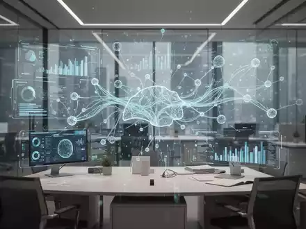 Moderne Büro-Arbeitsumgebung mit einer digitalen Schnittstelle, die KI-Datenströme und neuronale Netzwerke visualisiert. - Foto: über boerse-global.de
