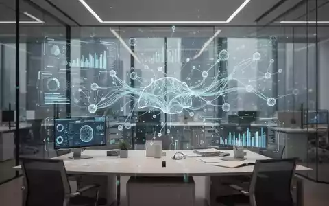 Moderne Büro-Arbeitsumgebung mit einer digitalen Schnittstelle, die KI-Datenströme und neuronale Netzwerke visualisiert. - Foto: über boerse-global.de