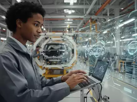 Fachkraft bei der Arbeit an einer digitalen Schnittstelle in einer modernen, technologisch fortschrittlichen Fabrik. - Foto: über boerse-global.de
