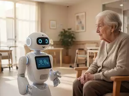 Ein kleiner sozialer Roboter interagiert mit einem älteren Menschen in einer hellen, modernen Pflegeeinrichtung. - Foto: über boerse-global.de