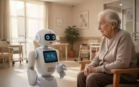 Ein kleiner sozialer Roboter interagiert mit einem älteren Menschen in einer hellen, modernen Pflegeeinrichtung. - Foto: über boerse-global.de