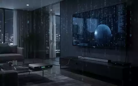 Eine Android-TV-Box in einem dunklen Wohnzimmer mit angedeuteten digitalen Sicherheitscodes auf dem Fernsehbildschirm. - Foto: über boerse-global.de