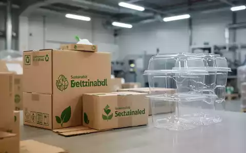 Verschiedene nachhaltige Verpackungsmaterialien aus recyceltem Kunststoff und Karton in einer modernen Industrieumgebung. - Foto: über boerse-global.de