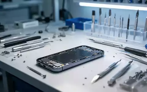 Ein technischer Arbeitsplatz mit einem zerlegten Smartphone und Präzisionswerkzeugen zur Reparatur von Elektrogeräten. - Foto: über boerse-global.de