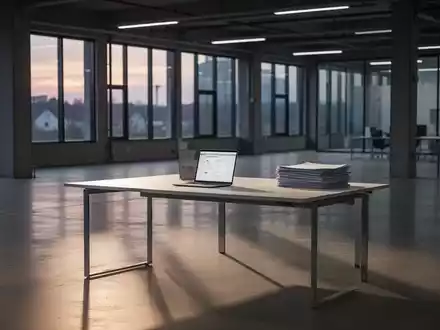 Ein leerer Büroarbeitsplatz in einer Industriehalle, der die angespannte Lage am Arbeitsmarkt in Baden-Württemberg symbolisiert. - Foto: über boerse-global.de