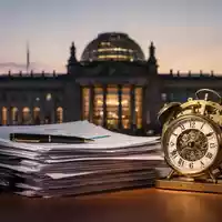 Symbolische Darstellung der Rentendebatte mit Dokumenten und einer Uhr vor dem Hintergrund des Reichstagsgebäudes. - Foto: über boerse-global.de