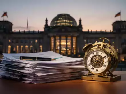 Symbolische Darstellung der Rentendebatte mit Dokumenten und einer Uhr vor dem Hintergrund des Reichstagsgebäudes. - Foto: über boerse-global.de