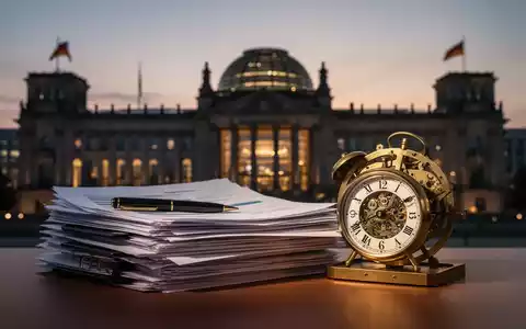 Symbolische Darstellung der Rentendebatte mit Dokumenten und einer Uhr vor dem Hintergrund des Reichstagsgebäudes. - Foto: über boerse-global.de