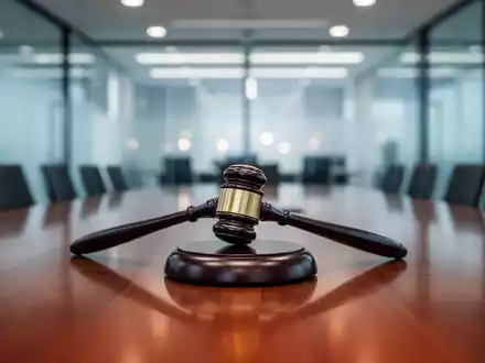 Ein Richterhammer auf einem polierten Holztisch in einem modernen Bürogebäude als Symbol für einen Rechtsstreit. - Foto: über boerse-global.de