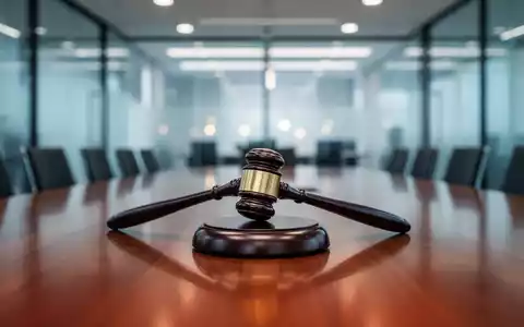 Ein Richterhammer auf einem polierten Holztisch in einem modernen Bürogebäude als Symbol für einen Rechtsstreit. - Foto: über boerse-global.de