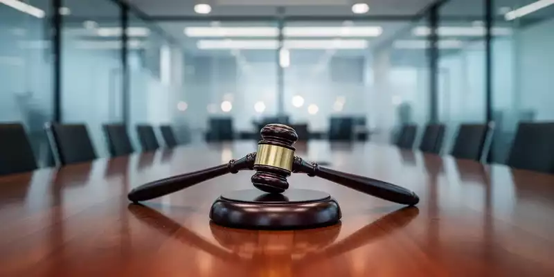 Ein Richterhammer auf einem polierten Holztisch in einem modernen Bürogebäude als Symbol für einen Rechtsstreit. - Foto: über boerse-global.de