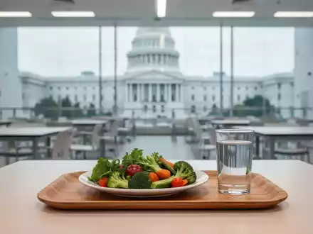 Ein hölzernes Tablett mit frischem Bio-Gemüse in einer modernen Kantine, symbolisch für die staatliche Lebensmittelbeschaffung. - Foto: über boerse-global.de