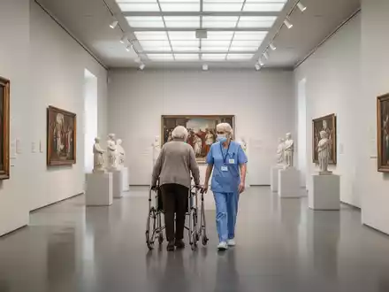 Ein älterer Mensch und eine Begleitperson betrachten in einem hellen, barrierefreien Florentiner Museum ein Kunstwerk. - Foto: über boerse-global.de