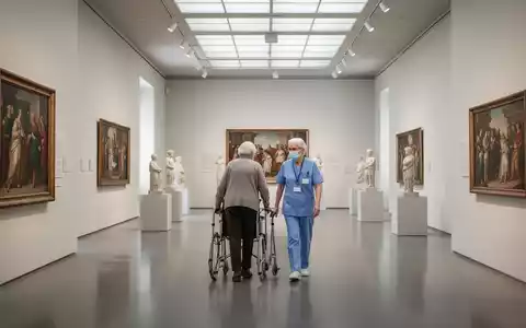 Ein älterer Mensch und eine Begleitperson betrachten in einem hellen, barrierefreien Florentiner Museum ein Kunstwerk. - Foto: über boerse-global.de