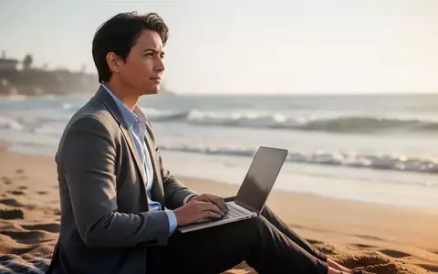 Eine Person sitzt mit einem Laptop am Strand und denkt über berufliche Veränderungen nach. - Foto: über boerse-global.de