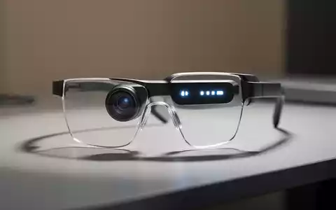 Eine moderne Smart Glasses Brille liegt auf einem Schreibtisch, mit Fokus auf die Kamera- und LED-Einheit. - Foto: über boerse-global.de