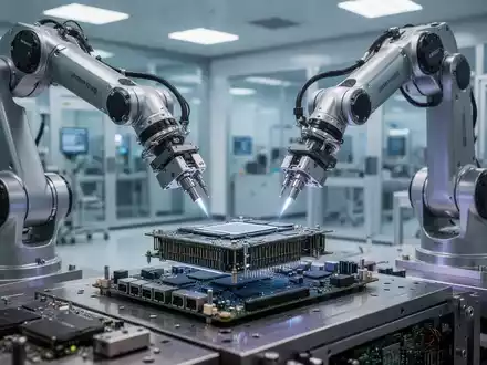 Moderne Fertigungsanlage für Industrieroboter mit präzisen Roboterarmen in einer hochtechnologischen Fabrikumgebung. - Foto: über boerse-global.de