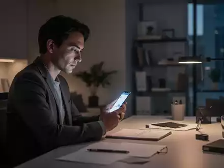 Eine Person sitzt in einem abgedunkelten Büro vor einem leuchtenden Smartphone, symbolisch für die psychologische Herausforderung durch digitale Mediennutzung. - Foto: über boerse-global.de
