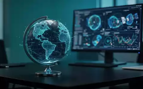 Stilisierter digitaler Globus auf dunklem Schreibtisch, Symbol für Satellitentechnologie und Datenvisualisierung. - Foto: über boerse-global.de
