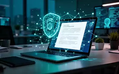 Digitale Netzwerk-Struktur auf einem Laptop-Bildschirm, die Cybersicherheitsrisiken durch KI in Dokumenten symbolisiert. - Foto: über boerse-global.de