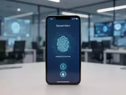 Ein modernes Smartphone zeigt eine sichere biometrische Authentifizierungsoberfläche in einer professionellen Büroumgebung. - Foto: über boerse-global.de