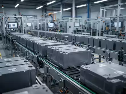 Moderne Produktionsanlage eines Batterieherstellers mit Fokus auf Fertigungsmaschinen in einer Industriehalle. - Foto: ĂŒber boerse-global.de