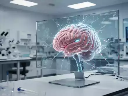 Medizinische 3D-Visualisierung eines menschlichen Gehirns auf einem Monitor in einem modernen Forschungslabor. - Foto: ĂŒber boerse-global.de