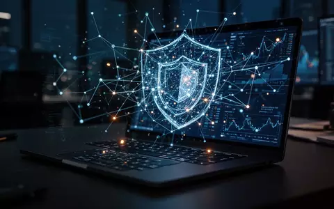 Ein Laptop-Bildschirm zeigt eine digitale Sicherheitsbedrohungs-Visualisierung in einem dunklen, professionellen Büro. - Foto: über boerse-global.de