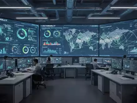 Ein modernes maritimes Kontrollzentrum mit digitalen Datenvisualisierungen zu Nachhaltigkeitskennzahlen und Schifffahrtsrouten. - Foto: über boerse-global.de