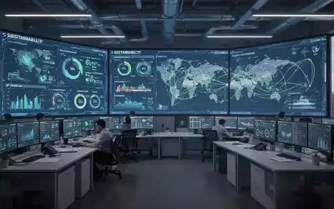 Ein modernes maritimes Kontrollzentrum mit digitalen Datenvisualisierungen zu Nachhaltigkeitskennzahlen und Schifffahrtsrouten. - Foto: über boerse-global.de