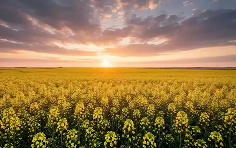 Weites Rapsfeld in der kanadischen Provinz Saskatchewan bei Sonnenaufgang. - Foto: über boerse-global.de