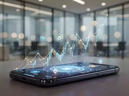 Ein Smartphone-Bildschirm mit abstrakten Finanzdaten-Visualisierungen und digitalen Zahlungssymbolen in einem modernen Büro. - Foto: über boerse-global.de