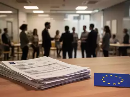 Ein Schreibtisch mit Dokumenten und einem EU-Symbol, das die drohenden Kürzungen bei sozialen Förderprogrammen versinnbildlicht. - Foto: über boerse-global.de