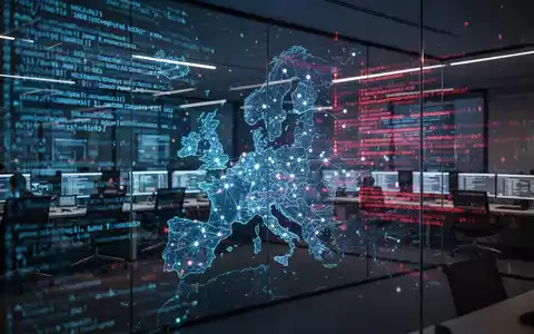 Dunkles High-Tech-Cybersicherheits-Kommandozentrum mit leuchtenden digitalen Datenströmen und einer Europakarte auf Bildschirmen. - Foto: über boerse-global.de