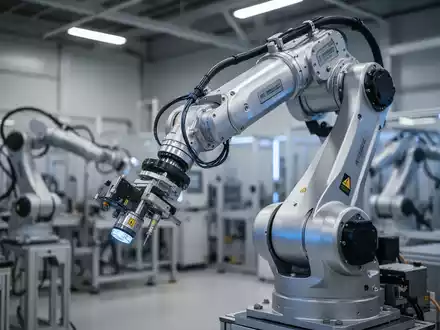 Ein moderner Industrieroboterarm in einer automatisierten Fabrikumgebung, der für die industrielle KI-Produktion steht. - Foto: über boerse-global.de