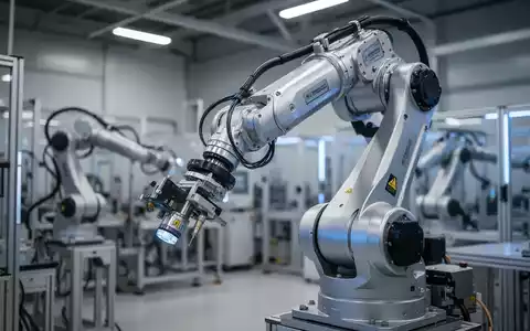 Ein moderner Industrieroboterarm in einer automatisierten Fabrikumgebung, der für die industrielle KI-Produktion steht. - Foto: über boerse-global.de